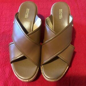 Michael Kors Women's Brown Leather Mules with Crisscross Design Zize 8M